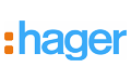 Orange-blaues Logo der Marke Hager.