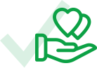Das grüne Icon einer offenen Hand mit zwei Herzen darüber vor einem transparenten grünen Haken.